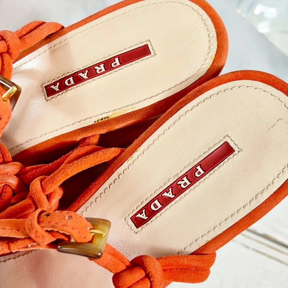 Prada Orange Suede Strappy Wedge Sandals